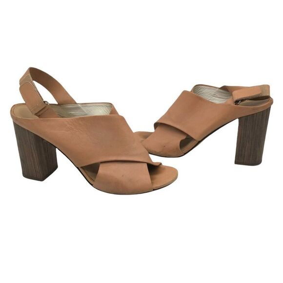 Vince Crisscross Strap Leather and Wood Heeled Sandals 9 Neutral Peep Toe Chunk - Picture 2 of 9